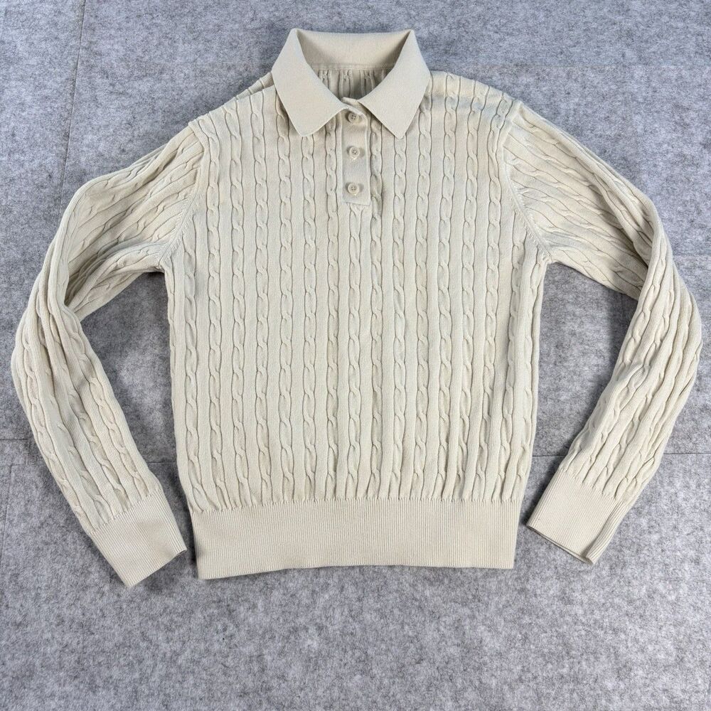 Uniqlo Mens Medium Ivory Cable Knit Long Sleeve Polo Sweater Cotton Blend